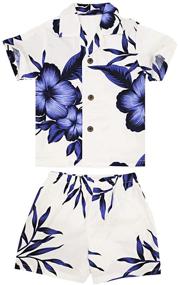 img 2 attached to 🌺 Palm Wave Boy Hawaiian Aloha Luau Shirt and Shorts Set - White Navy Floral 2 Piece Cabana Combo for Tropical Vibes