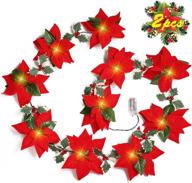 geefuun 2pcs poinsettia christmas garland string lights - festive 16ft xmas tree decor with red berries & holly leaves - indoor/outdoor party décor (batteries not included) logo
