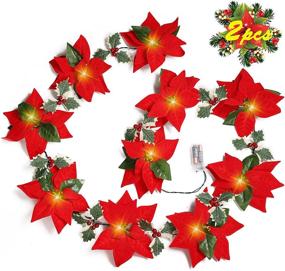 img 4 attached to Geefuun 2PCS Poinsettia Christmas Garland String Lights - Festive 16FT Xmas Tree Decor with Red Berries & Holly Leaves - Indoor/Outdoor Party Décor (Batteries Not Included)