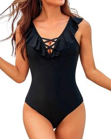 img 4 attached to 👙 Holipick Women's Ruffle One Piece Swimsuits - Sexy V-Neck Bathing Suits for Teens Girls - Slimming Lace-Up Swimwear