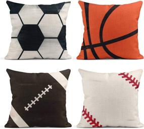 img 4 attached to 🏀 Set of 4 Linen Throw Pillow Covers - Rustic Soccer Baseball Football Decor - Home Decor 18x18 Inches Square Pillowcases