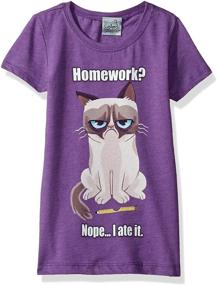 img 1 attached to Adorable Grumpy Cat Girls' No Homework Graphic Tee: A Fun Way to Show Off Her Disdain for Homework!