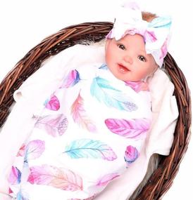 img 4 attached to 🏻 Feather Baby Sleep Swaddle Blanket Set - Large Size (47 inch X 47 inch) with Bow Headband