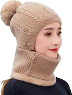 🧣 winter knitted beanie hat face neck warmer set for women girls - 3-in-1 ski caps with pompom and fleece lining logo