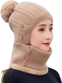 img 4 attached to 🧣 Winter Knitted Beanie Hat Face Neck Warmer Set for Women Girls - 3-in-1 Ski Caps with Pompom and Fleece Lining