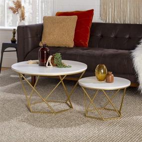 img 4 attached to 🪑 Marble and Gold Nesting Coffee Table Set with Ottoman Storage Shelf - Walker Edison Modern Round Living Room Accent Furniture, Set of 2