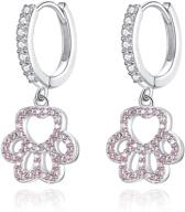 🐾 dainty dog paw print hoop earrings: sparkling pink crystal cz sterling silver huggie drops for women & girls logo