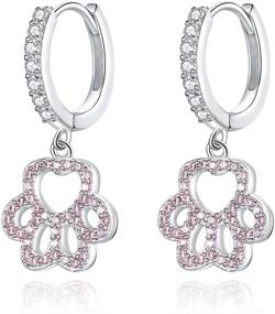 img 4 attached to 🐾 Dainty Dog Paw Print Hoop Earrings: Sparkling Pink Crystal CZ Sterling Silver Huggie Drops for Women & Girls