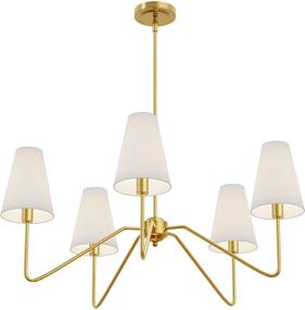 img 2 attached to 💡 Classy Polished Gold Electro bp Chandelier: 30" Dia, 5-Arm with White Linen Shades - Amazing Illumination at 200W