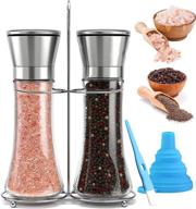 stainless steel salt and pepper grinder set of 2 with refillable tall glass shaker - adjustable ceramic sea salt and pepper grinders, includes funnel and brush logo