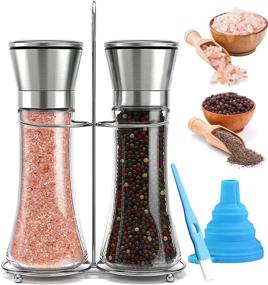 img 4 attached to Stainless Steel Salt and Pepper Grinder Set of 2 with Refillable Tall Glass Shaker - Adjustable Ceramic Sea Salt and Pepper Grinders, Includes Funnel and Brush