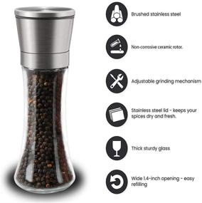 img 2 attached to Stainless Steel Salt and Pepper Grinder Set of 2 with Refillable Tall Glass Shaker - Adjustable Ceramic Sea Salt and Pepper Grinders, Includes Funnel and Brush