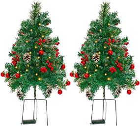 img 4 attached to 🎄 2-Pack 30-Inch OBABA Outdoor Pathway Christmas Trees Battery Operated Pre-Lit Artificial Tree Decoration with 60 LED Lights - Holiday Décor for Porch, Driveway with Red Berries, Pine Cones, and Red Ball Ornaments