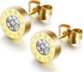 img 1 attached to 💎 Stylish Stainless Steel Round Stud Earrings with Cubic Zircon Accents and Roman Numerals