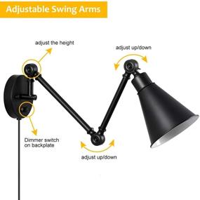 img 1 attached to 🔌 Modern Swing Arm Wall Lamps - Set of 2 Dimmable On/Off Switch Sconces for Bedside Reading or Living Room - Black Plug-in/Hardwire Industrial Light Fixtures