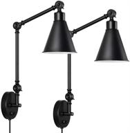 🔌 modern swing arm wall lamps - set of 2 dimmable on/off switch sconces for bedside reading or living room - black plug-in/hardwire industrial light fixtures логотип