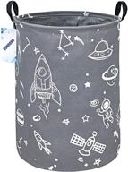 large round storage basket with handles – foldable, waterproof canvas laundry hamper and nursery organizer for bedroom, living room, and bathroom (spaceship design) logo