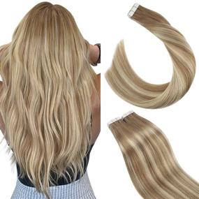 img 4 attached to Ugeat 22inch Remy Tape in Hair Extensions Human Hair Balayage, 50g 20pcs Tape in Hair Extensions for Women - #9A Brown with #60 Blonde (9A Grade)