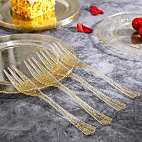 img 1 attached to 🍽️ WELLIFE 120 Guests Gold Glitter Plastic Plates and Dessert Forks: Premium Disposable Supplies for Catering, Parties & Weddings