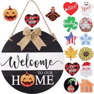 🍂 versatile interchangeable seasonal welcome sign: enhance your front door décor with our stylish wood round fall wreath логотип