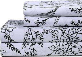 img 2 attached to 🌸 Winter Brush Collection 4-Piece 14-Inch Deep Pocket Sheet Set - Easy Care Shrinkage Free White with Black Flowers - Includes 1 Flat Sheet, 1 Fitted Sheet, 2 Pillowcases - Queen Size