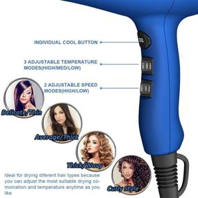 img 1 attached to 💨 1875W Lightweight Ionic Hair Dryer with Diffuser, Comb, and Concentrator - Fast Drying Professional Blow Dryer for Hair, 3 Heat 2 Speed with Cool Shot Button (Blue)