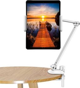 img 4 attached to 📱 ZEXMTE Adjustable Tablet Stand: Foldable Desktop Holder with 360° Swivel Phone Clamp Mount Holder - Compatible with 4.7-12.9" Tablets/Phones - White