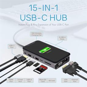 img 3 attached to Вспомогательный хаб Realm 15 в 1 с USB-C с беспроводной зарядкой, 60W PD, 4K HDMI, 7 портами USB, VGA, Ethernet, двойным видеовыходом, аудиоразъемом 3,5 мм, портом SD и Micro SD, для MacBook Pro и ноутбуков с USB-C.