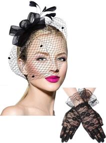img 4 attached to 🎀 Bowknot Fascinator Hat with Feathers and Mesh Veil + Lace Gloves Set, Floral Lace Gloves included