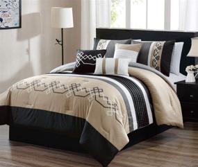 img 4 attached to 🛏️ Ultimate Bedding Upgrade: JBFF 7 Piece Oversized Luxury Embroidery Bed in Bag Microfiber Comforter Set - Black/Tan (Cal King)