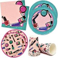 💅 complete spa makeup party supplies set: 24 paper plates, 24 cups, 50 lunch napkins - ideal for little girls, teens, manicure parlor, makeup salon - disposable birthday dinnerware decor logo