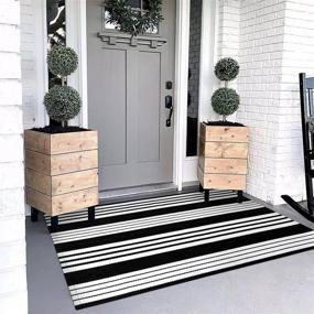 img 4 attached to OJIA Black and White Outdoor Rug 3 x 5 ft: Hand-Woven Cotton Striped Rug, Machine Washable Indoor/Outdoor Area Rug for Farmhouse, Front Door & Living Room