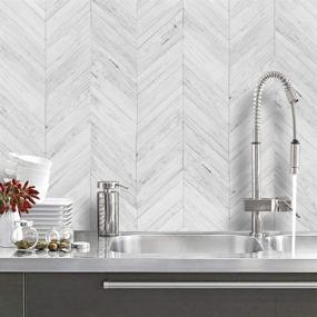 img 1 attached to DIY Stick-On Herringbone Backsplash in White/Grey, Vintage Wood Tiles - 10 Pack