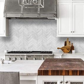 img 2 attached to DIY Stick-On Herringbone Backsplash in White/Grey, Vintage Wood Tiles - 10 Pack