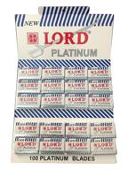 lord platinum 100 double edge safety razor blades, conveniently arranged as 5 packs of 20 blades logo