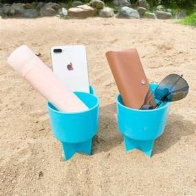 img 4 attached to Home Queen Beach Cup Holder with Pocket: Multi-Functional 2-Pack Blue Sand Coasters for Beverage, Phone, Sunglasses, and Key, Perfect Beach Accessory!