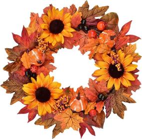 img 4 attached to 🌻 LSKYTOP Artificial Sunflower Fall Maple Leaf Wreath - 16" Autumn Door Wreath for Fall Decor & Thanksgiving Festival