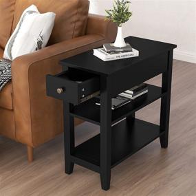 img 2 attached to 🖤 Narrow Black ChooChoo Side Table with Drawer and Shelf - 3-Tier Sofa End Table for Small Living Rooms and Spaces