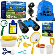 discover the world: adventure exploration binoculars and magnifying container logo