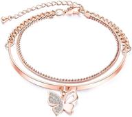 🦋 women girls charm bracelet: cubic zirconia butterfly, 14k rose gold plated, layered bangle wrap bracelets, adjustable ball bead chain, fashionable wedding friendship jewelry logo