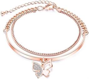 img 4 attached to 🦋 Women Girls Charm Bracelet: Cubic Zirconia Butterfly, 14K Rose Gold Plated, Layered Bangle Wrap Bracelets, Adjustable Ball Bead Chain, Fashionable Wedding Friendship Jewelry