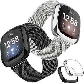 img 4 attached to 🔗 Tobfit [2 упаковки] металлические браслеты для Fitbit Versa 3 / Fitbit Sense с нержавеющей сталью регулируемые магнитные браслеты (черный и серебристый, маленькие), включает [2 x чехолы с защитным экраном TPU]