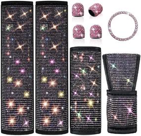 img 4 attached to Boltigen Bling Car Accessories for Women Interior Set - 6 Pack Pink Diamond Decorations: Seat Belt Covers, Gear Shift Cover, Handbrake Cover, Car Ring Sticker, Valve Stem Caps