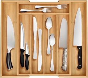 img 1 attached to 🎍 Bamboo Expandable Drawer Organizer: Adjustable, Multi-functional Silverware Storage Holder - 100% Pure Bamboo - Drawer Divider Flatware Organizers for Kitchen and Bedroom