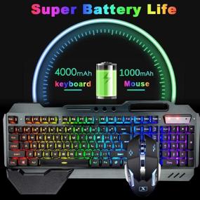 img 3 attached to 💡 Перезаряжаемый беспроводной игровой набор клавиатуры и мыши с RGB подсветкой с батареей на 4800 мАч, металлической панелью, съемным подлокотником, механическим ощущением и механизмом для геймеров с 7-цветной выключаемой мышью для ПК.