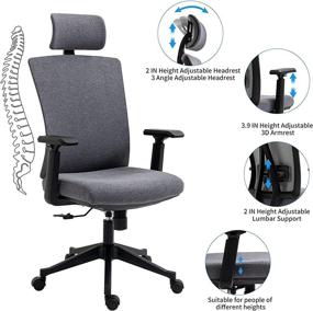 img 3 attached to 🪑 HOMHUM Ergonomic Desk Chair: Adjustable Headrest, Lumbar Support, Caster Wheels - Bluish Grey Fabric Swivel Chair for Office Executive Use