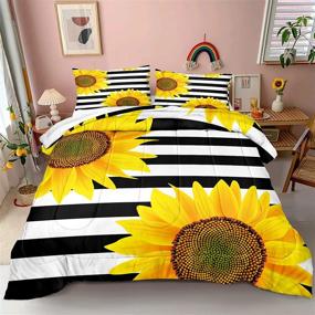 img 4 attached to Merryword Stripes Sunflowers Comforter Set: White Black Stripes & Yellow 🌻 Sunflower Print - Queen Size Bedding with 1 Comforter & 2 Pillowcases