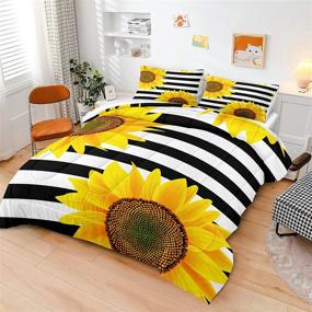 img 3 attached to Комплект одеял "Merryword Stripes Sunflowers": белые черные полосы и желтый 🌻 принт подсолнухов - постельное белье размера Queen с 1 одеялом и 2 наволочками