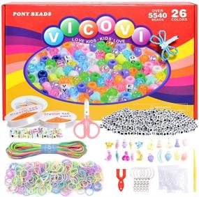 img 3 attached to VICOVI 5700+pcs Rainbow Pony Beads Kit for DIY Jewelry Making includes 26 Colorful Kandi Beads (9mm) Letter & Color Beads, Star & Heart Beads with Assorted Rubber Bands, Elastic String, and Satin Silk Cord