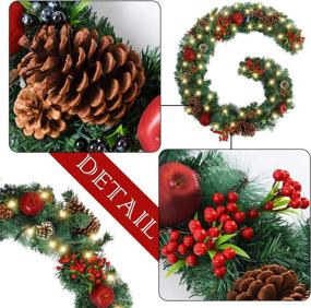 img 1 attached to 🎄 Wanna-Cul Pre-Lit 6ft Christmas Garland with Lights for Front Door Farmhouse Lighted Mantel Decor, Red Apple, Pine Cones, Red Berry, Blueberry, Battery Operated 30 LED